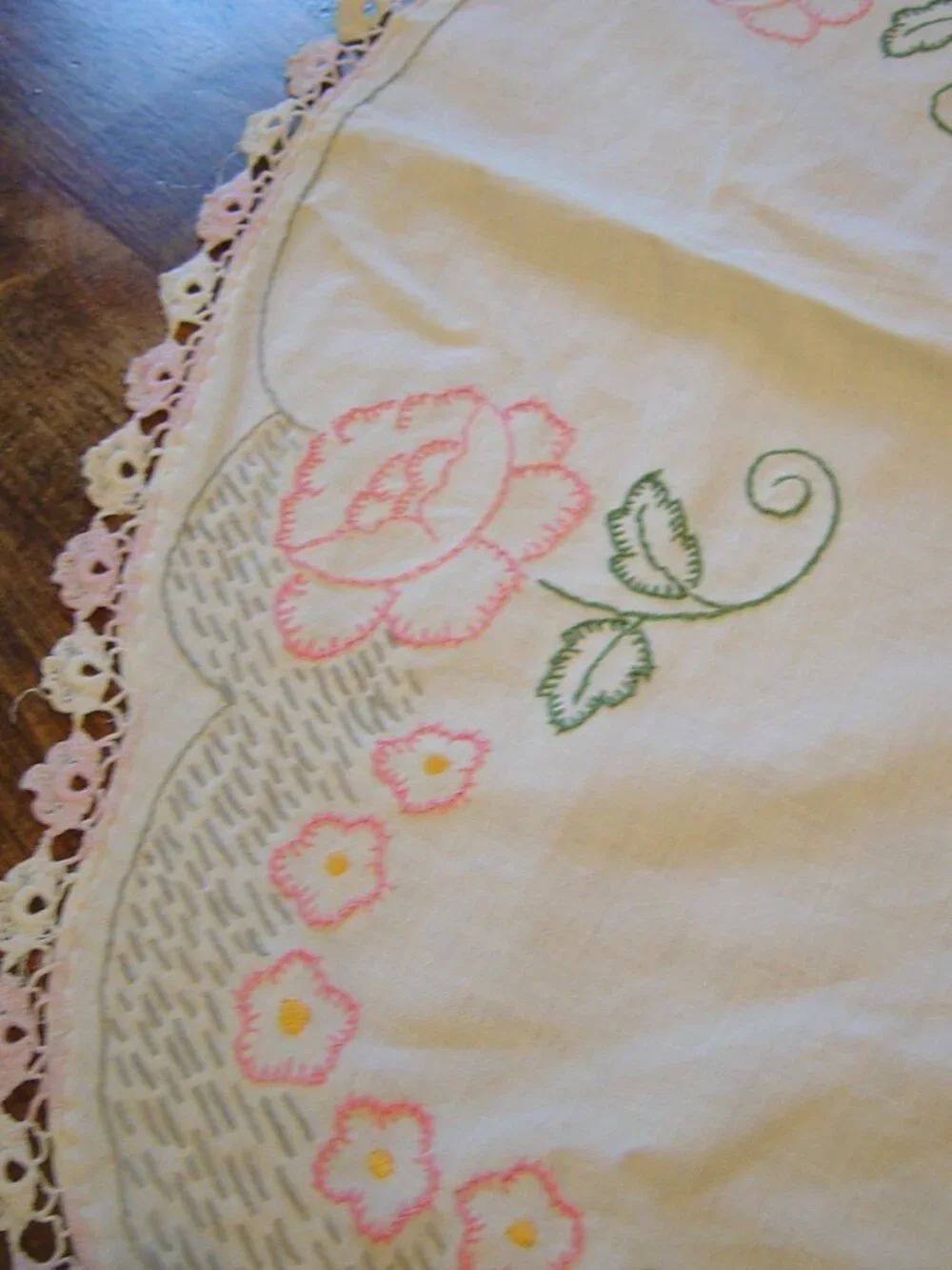 Vintage hand embroidered round tablecloth or doily-30
